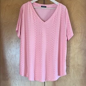 Eyelet V-Neck Stretchy Short Sleeve Top in Soft Pink